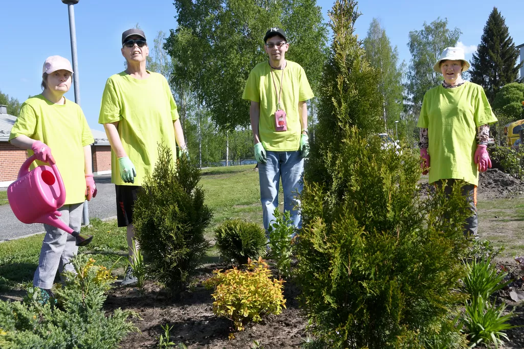 Toimintakeskus Pajulinnun asiakkaat ovat tänä keväänä istuttaneet Rantakodon pihaan puita, pensaita ja monivuotisia koristekasveja. Vasemmalta Sinikka Selin, Timo Rikala, Tero Koskela ja Susanna Rahkola.