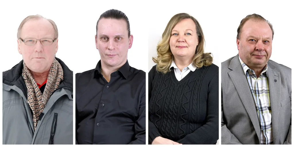 Hannu Tiainen (vas), Petri Vahosalmi (vas), Jaana Männikkö (sd) ja Tapio Ristamäki (sd) lähtevät ehdolle hyvinvointialueen vaaleihin.