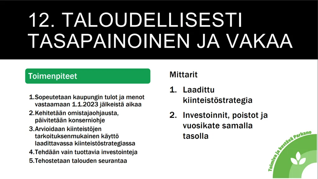 Kaupungin strategia esittää 13 tällaista tavoitetta, toimenpiteet niiden saavuttamiseksi sekä mittarit, joilla onnistumista arvioidaan.